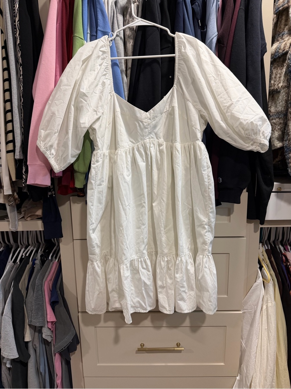 Banana Republic White Puff-Sleeve Tiered Mini Dress with V-Neck